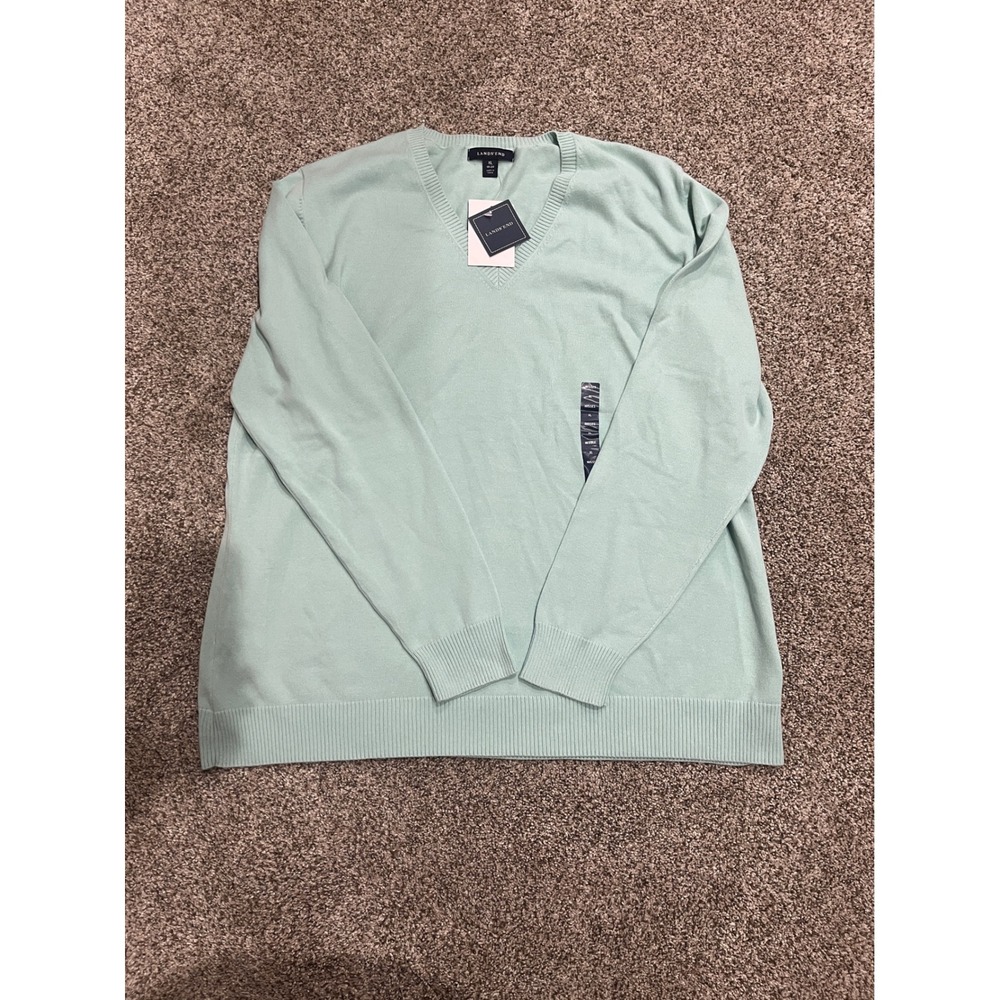 Lands End Womens XL Light Seagrass Green V-Neck Cotton Blend Sweater NEW